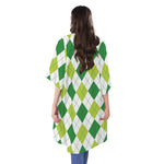 White And Green Argyle Pattern Print Open Front Beach Cover Up