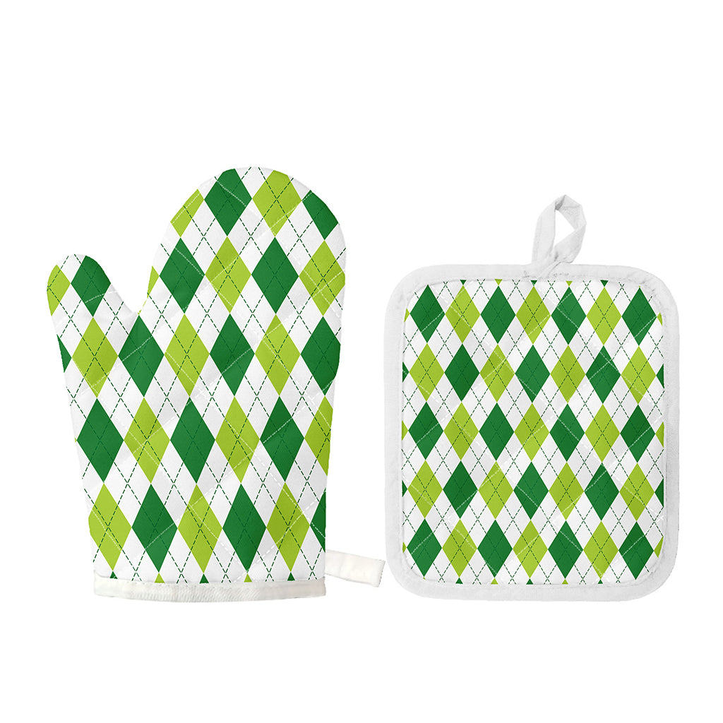 White And Green Argyle Pattern Print Oven Mitt And Pot Holder Set