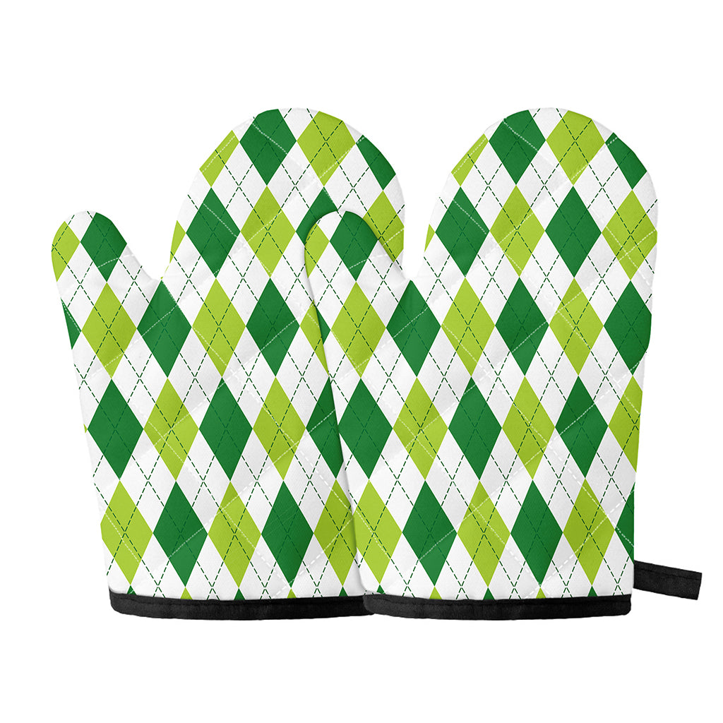 White And Green Argyle Pattern Print Oven Mitts