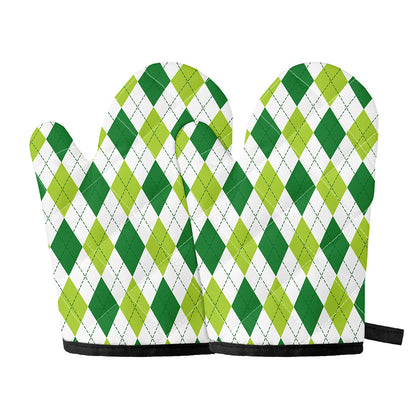 White And Green Argyle Pattern Print Oven Mitts