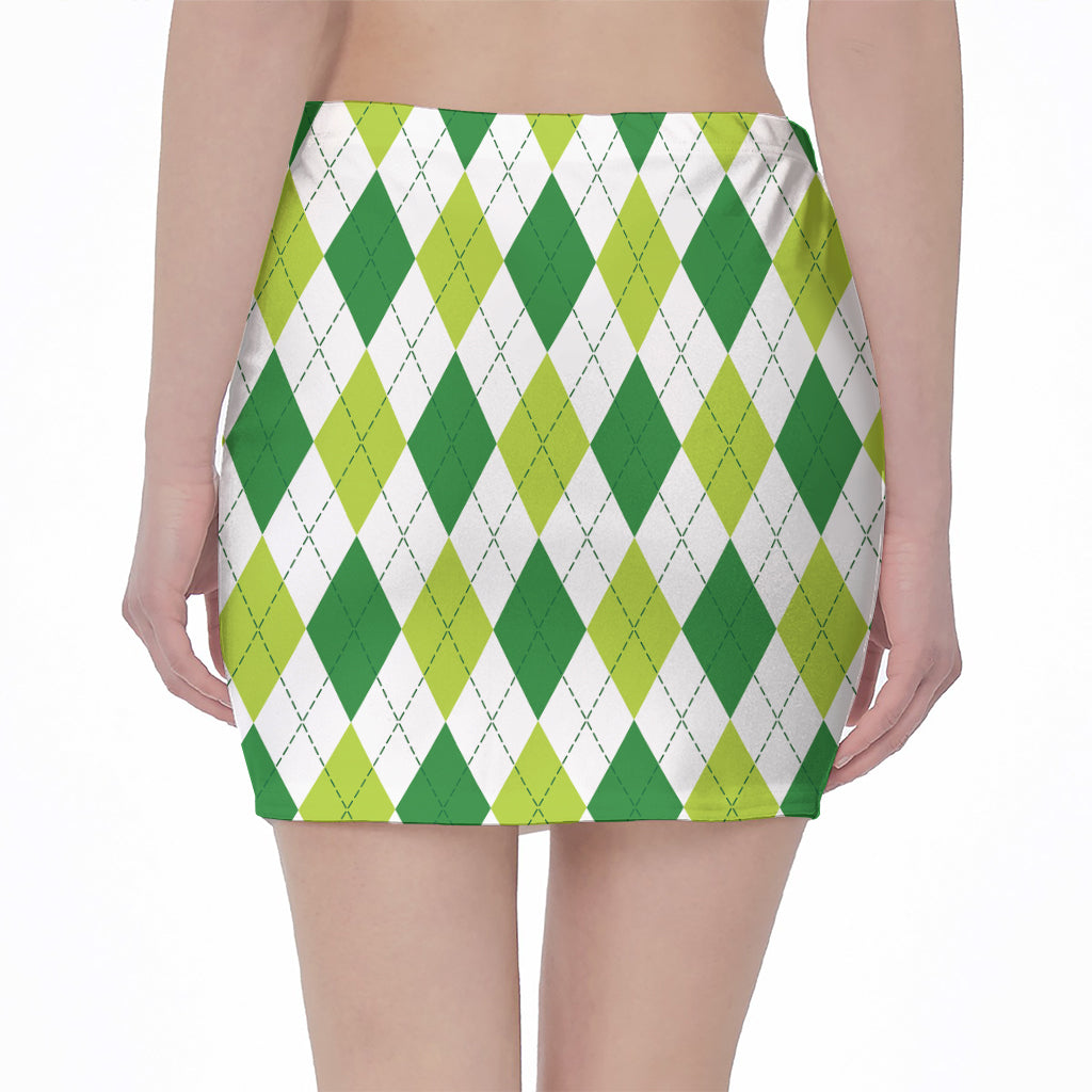 White And Green Argyle Pattern Print Pencil Mini Skirt