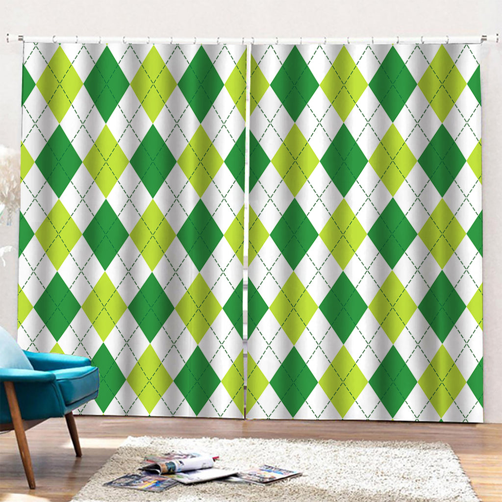 White And Green Argyle Pattern Print Pencil Pleat Curtains