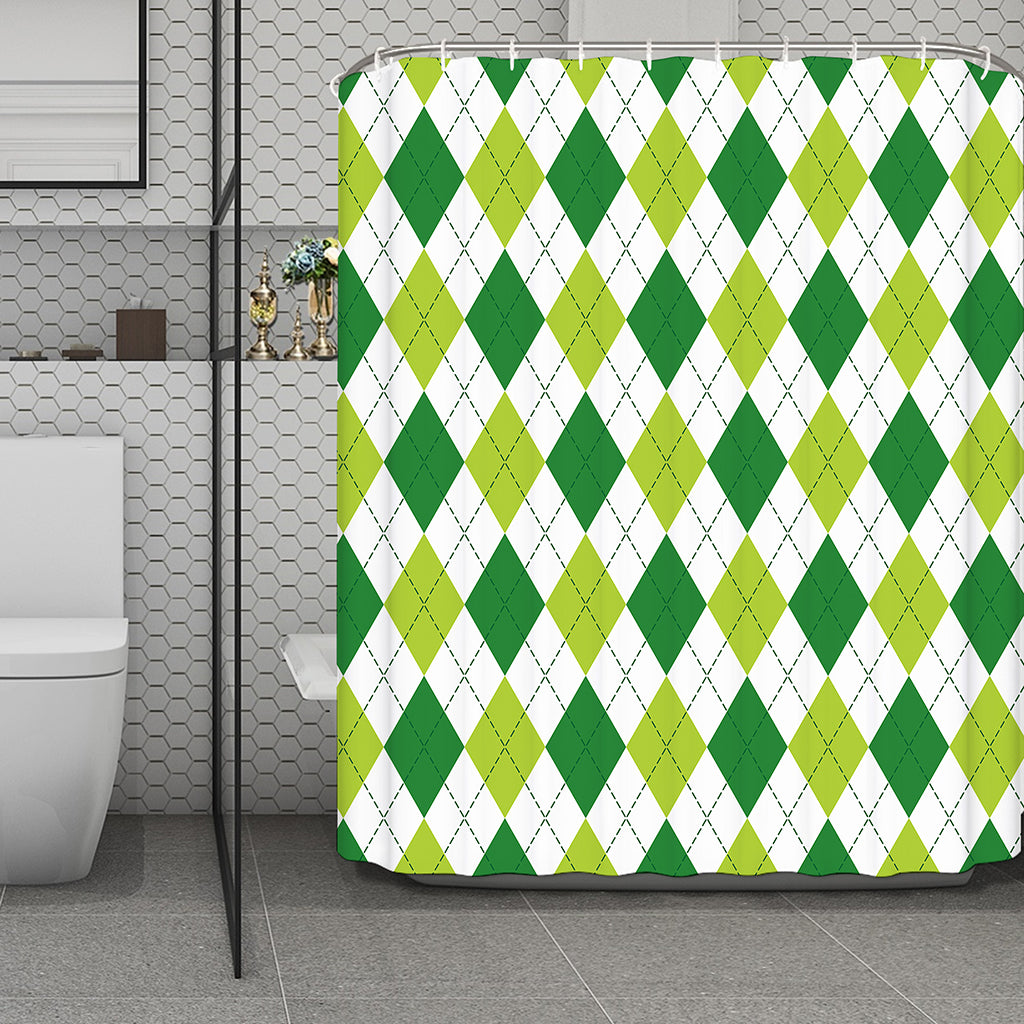 White And Green Argyle Pattern Print Polyester Shower Curtain