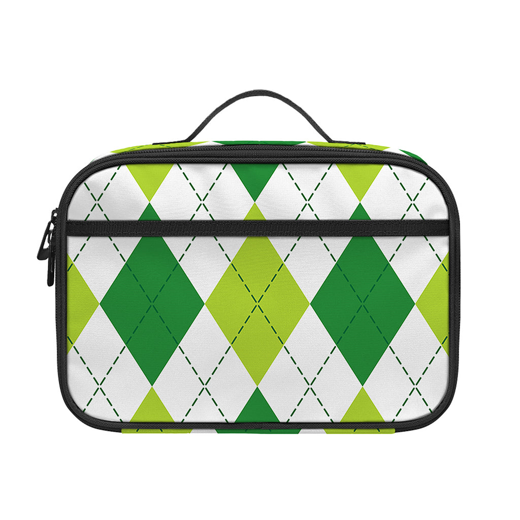 White And Green Argyle Pattern Print Portable Lunch Bag