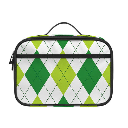 White And Green Argyle Pattern Print Portable Lunch Bag