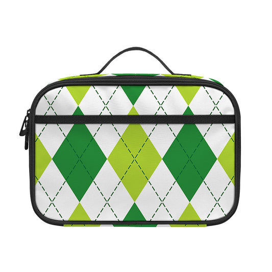 White And Green Argyle Pattern Print Portable Lunch Bag