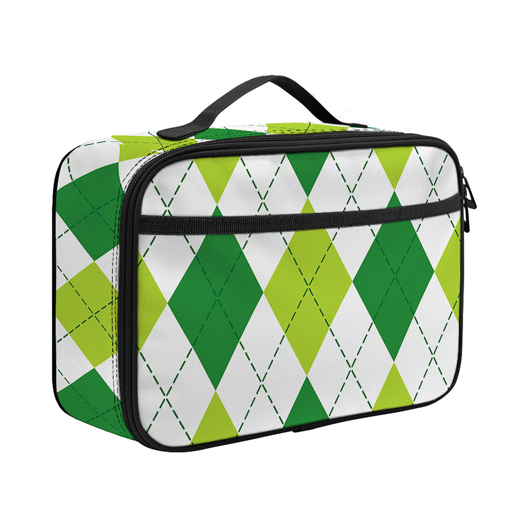 White And Green Argyle Pattern Print Portable Lunch Bag