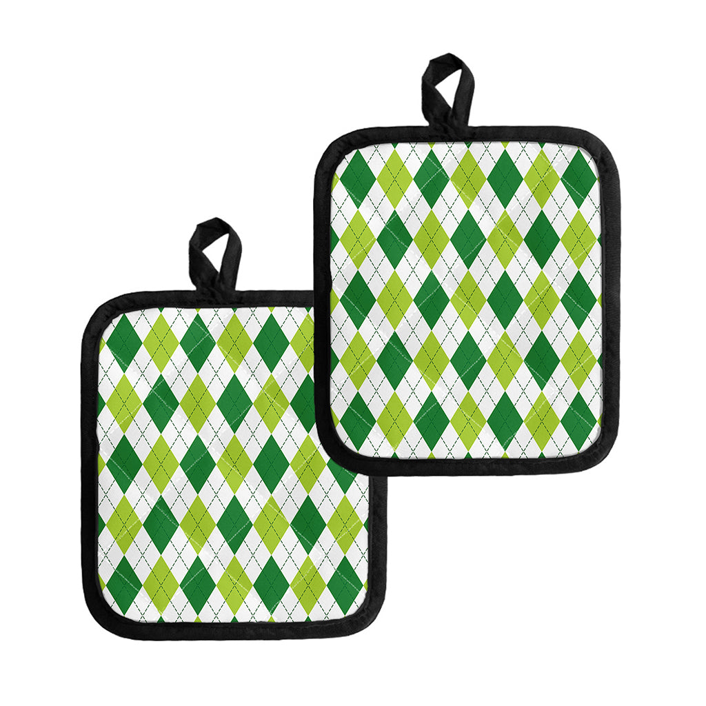 White And Green Argyle Pattern Print Pot Holders