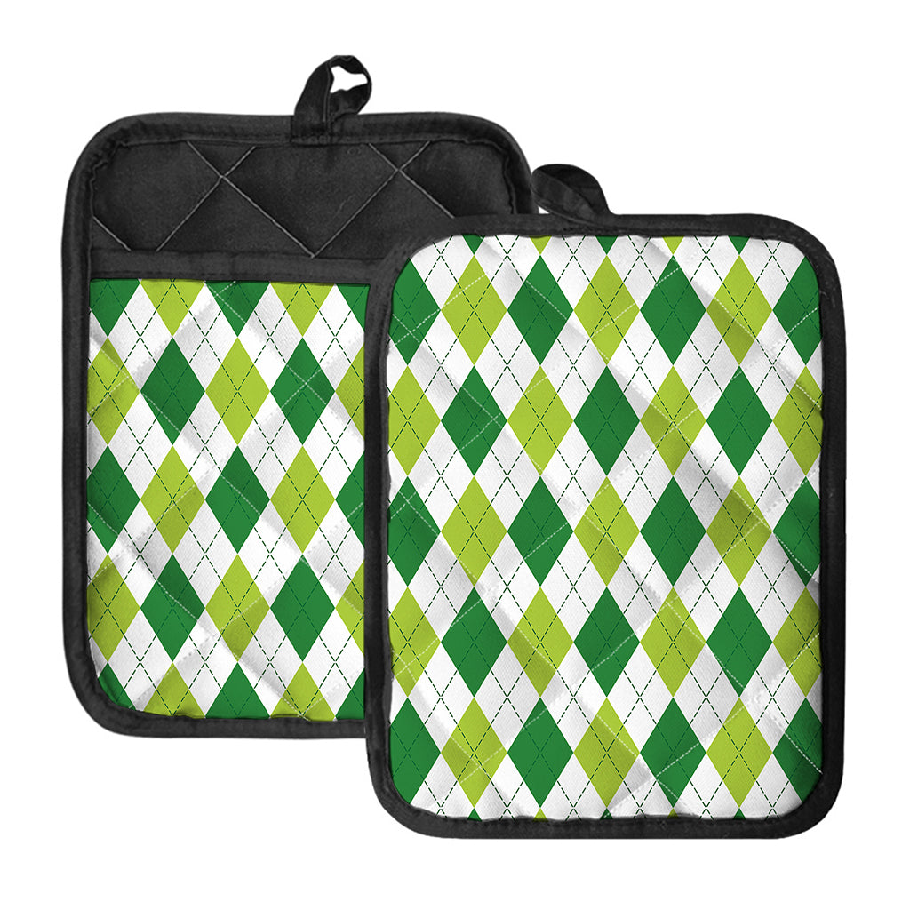 White And Green Argyle Pattern Print Pot Holders With Pocket
