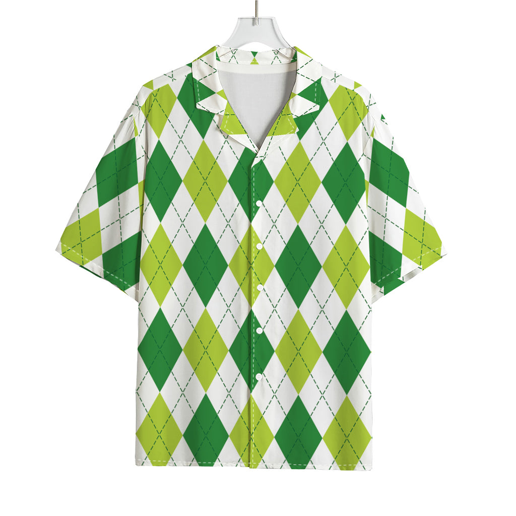 White And Green Argyle Pattern Print Rayon Hawaiian Shirt