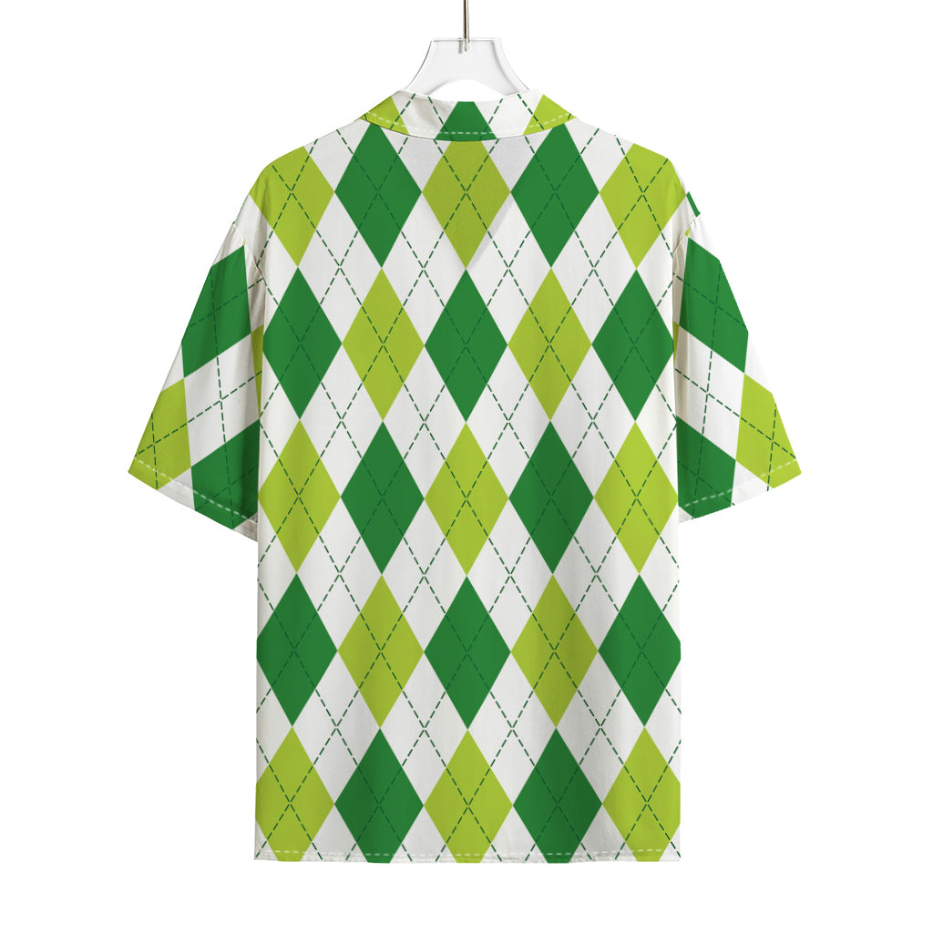 White And Green Argyle Pattern Print Rayon Hawaiian Shirt