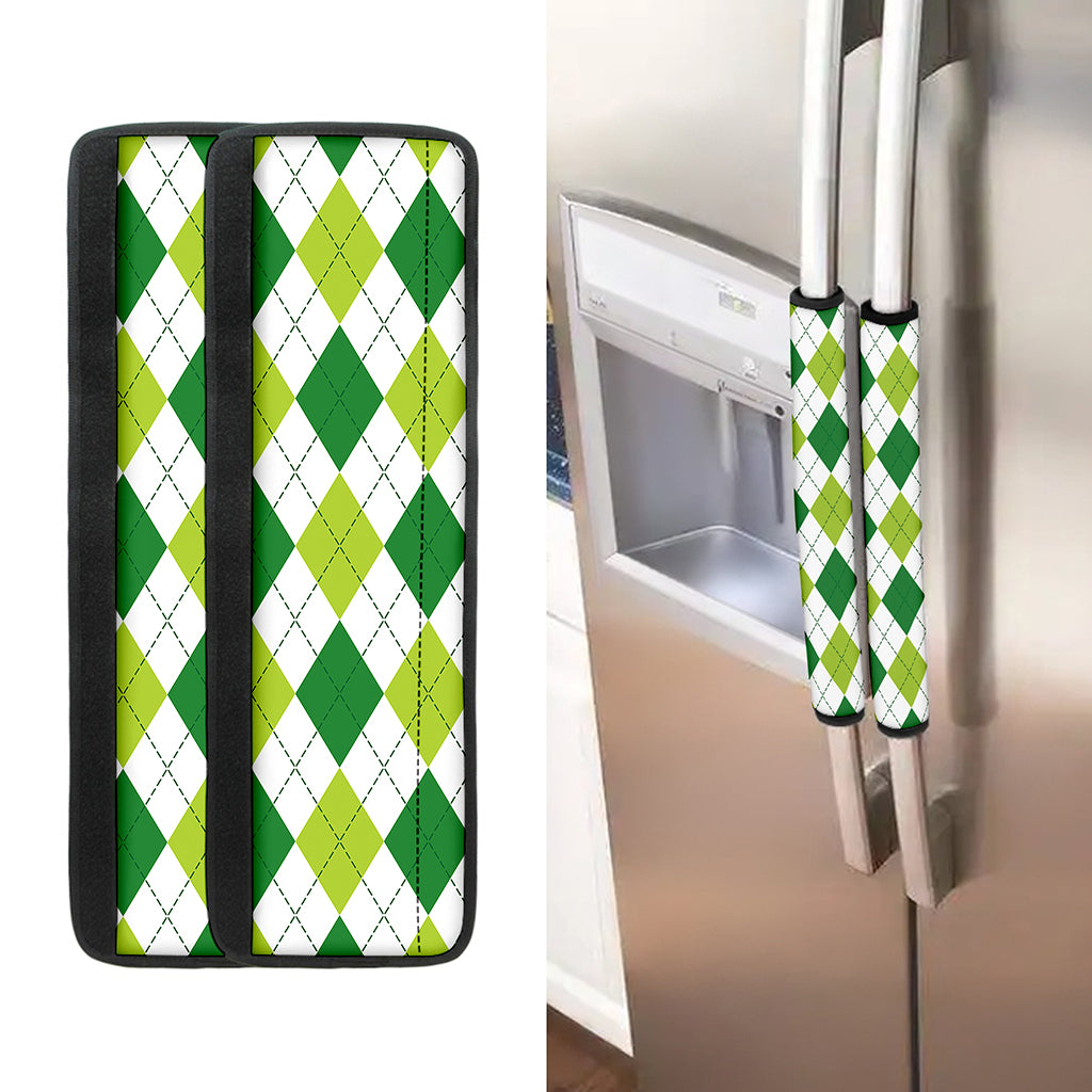 White And Green Argyle Pattern Print Refrigerator Handle Covers
