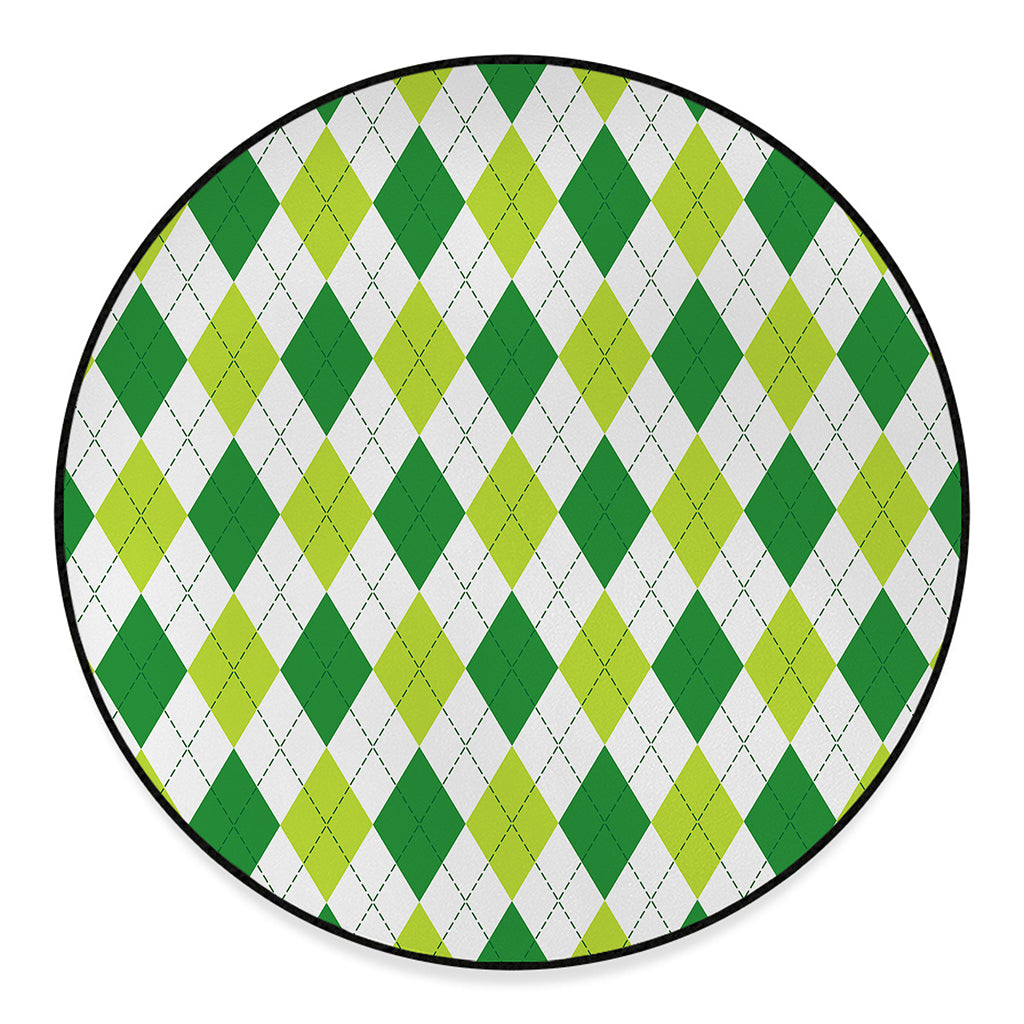 White And Green Argyle Pattern Print Round Floor Mat