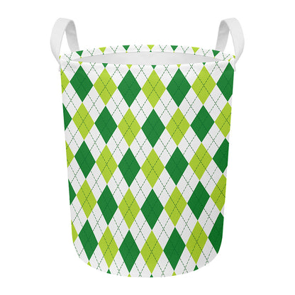 White And Green Argyle Pattern Print Round Laundry Basket