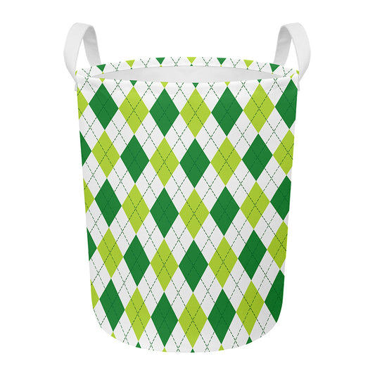 White And Green Argyle Pattern Print Round Laundry Basket
