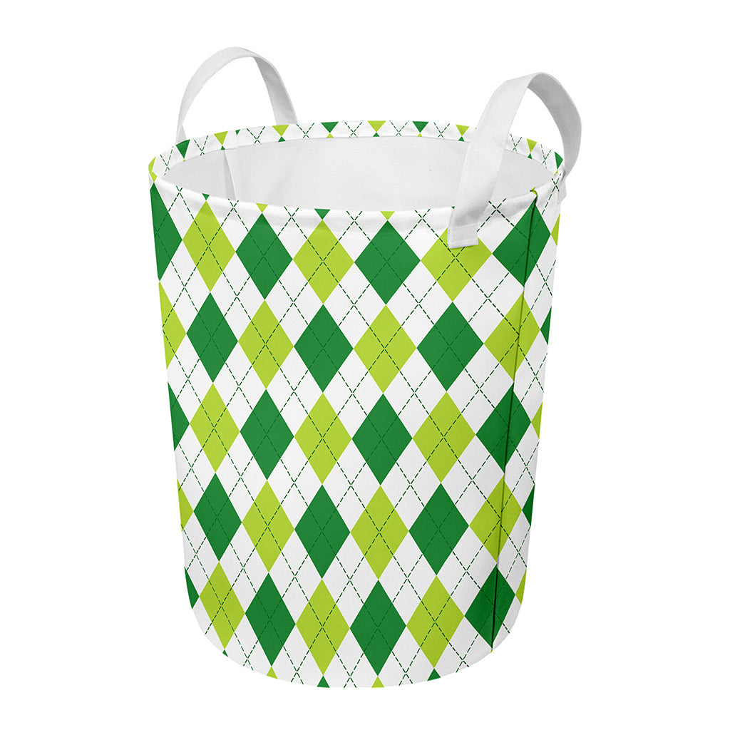 White And Green Argyle Pattern Print Round Laundry Basket