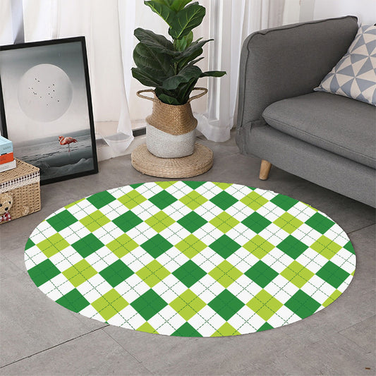 White And Green Argyle Pattern Print Round Rug