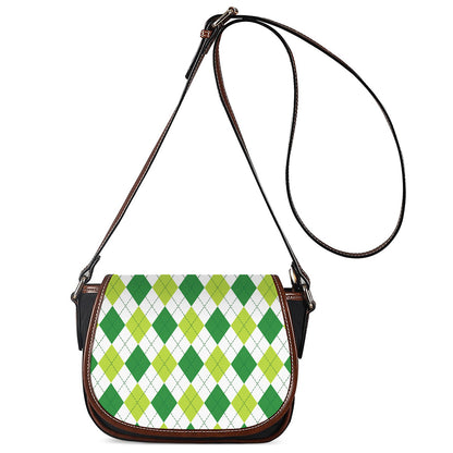 White And Green Argyle Pattern Print Saddle Bag