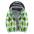 White And Green Argyle Pattern Print Sherpa Lined Zip Up Hoodie