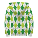 White And Green Argyle Pattern Print Sherpa Lined Zip Up Hoodie