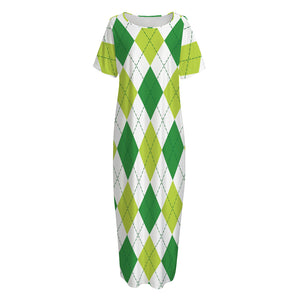 White And Green Argyle Pattern Print Short Sleeve Long Nightdress