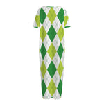 White And Green Argyle Pattern Print Short Sleeve Long Nightdress