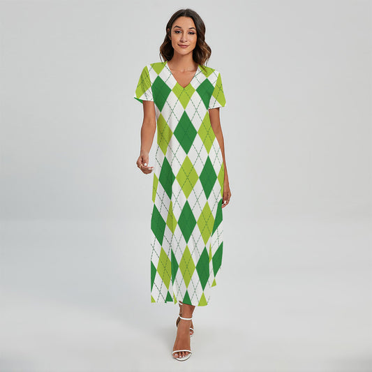 White And Green Argyle Pattern Print Short Sleeve Maxi Dress