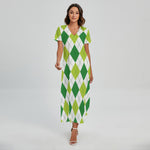 White And Green Argyle Pattern Print Short Sleeve Maxi Dress