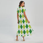 White And Green Argyle Pattern Print Short Sleeve Maxi Dress