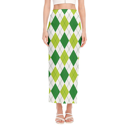 White And Green Argyle Pattern Print Side Slit Maxi Skirt