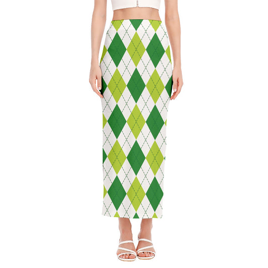 White And Green Argyle Pattern Print Side Slit Maxi Skirt