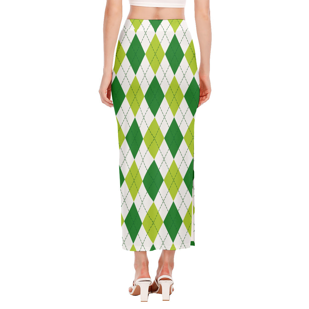White And Green Argyle Pattern Print Side Slit Maxi Skirt