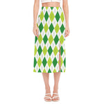White And Green Argyle Pattern Print Side Slit Midi Skirt