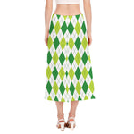 White And Green Argyle Pattern Print Side Slit Midi Skirt