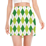 White And Green Argyle Pattern Print Side Slit Mini Skirt