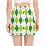 White And Green Argyle Pattern Print Side Slit Mini Skirt