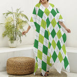 White And Green Argyle Pattern Print Silk V-Neck Kaftan Dress
