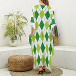 White And Green Argyle Pattern Print Silk V-Neck Kaftan Dress