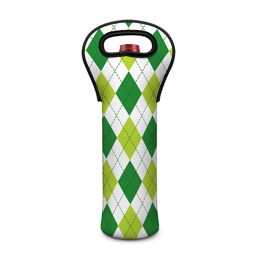 White And Green Argyle Pattern Print Single Neoprene Wine Tote