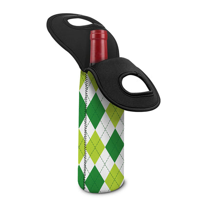 White And Green Argyle Pattern Print Single Neoprene Wine Tote