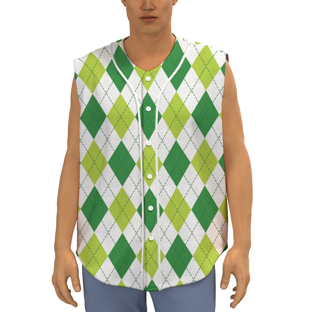 White And Green Argyle Pattern Print Sleeveless Baseball Jersey