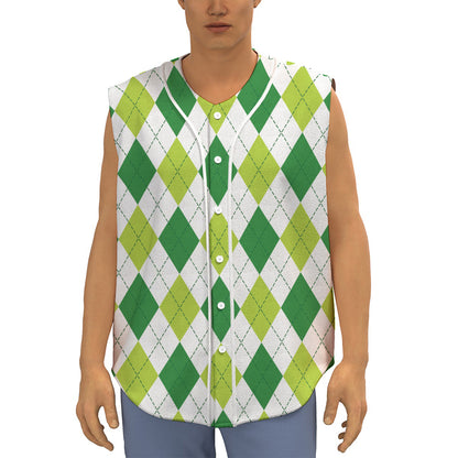 White And Green Argyle Pattern Print Sleeveless Baseball Jersey