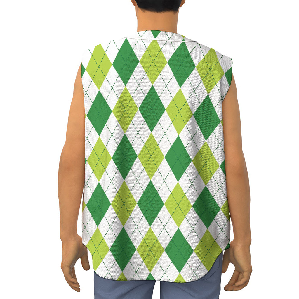 White And Green Argyle Pattern Print Sleeveless Baseball Jersey