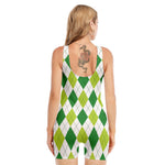 White And Green Argyle Pattern Print Sleeveless One Piece Swimsuit