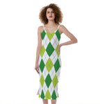 White And Green Argyle Pattern Print Slim Fit Midi Cami Dress