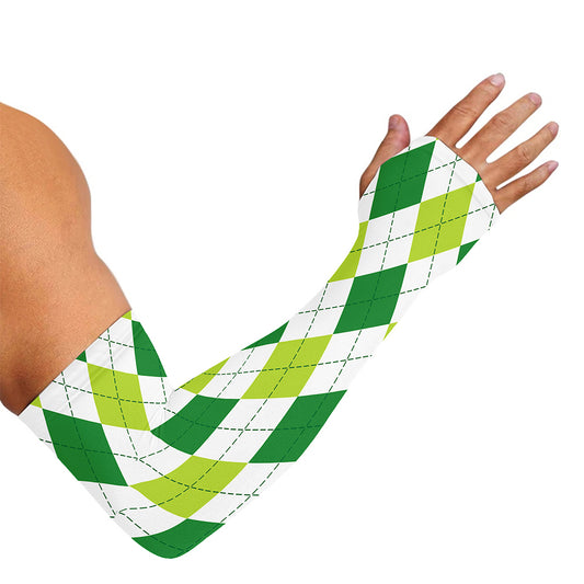 White And Green Argyle Pattern Print Sun Protection Arm Sleeves