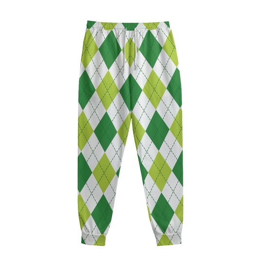 White And Green Argyle Pattern Print Sweatpants