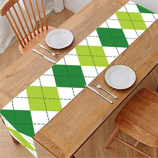 White And Green Argyle Pattern Print Table Runner