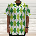 White And Green Argyle Pattern Print Textured Short Sleeve Shirt