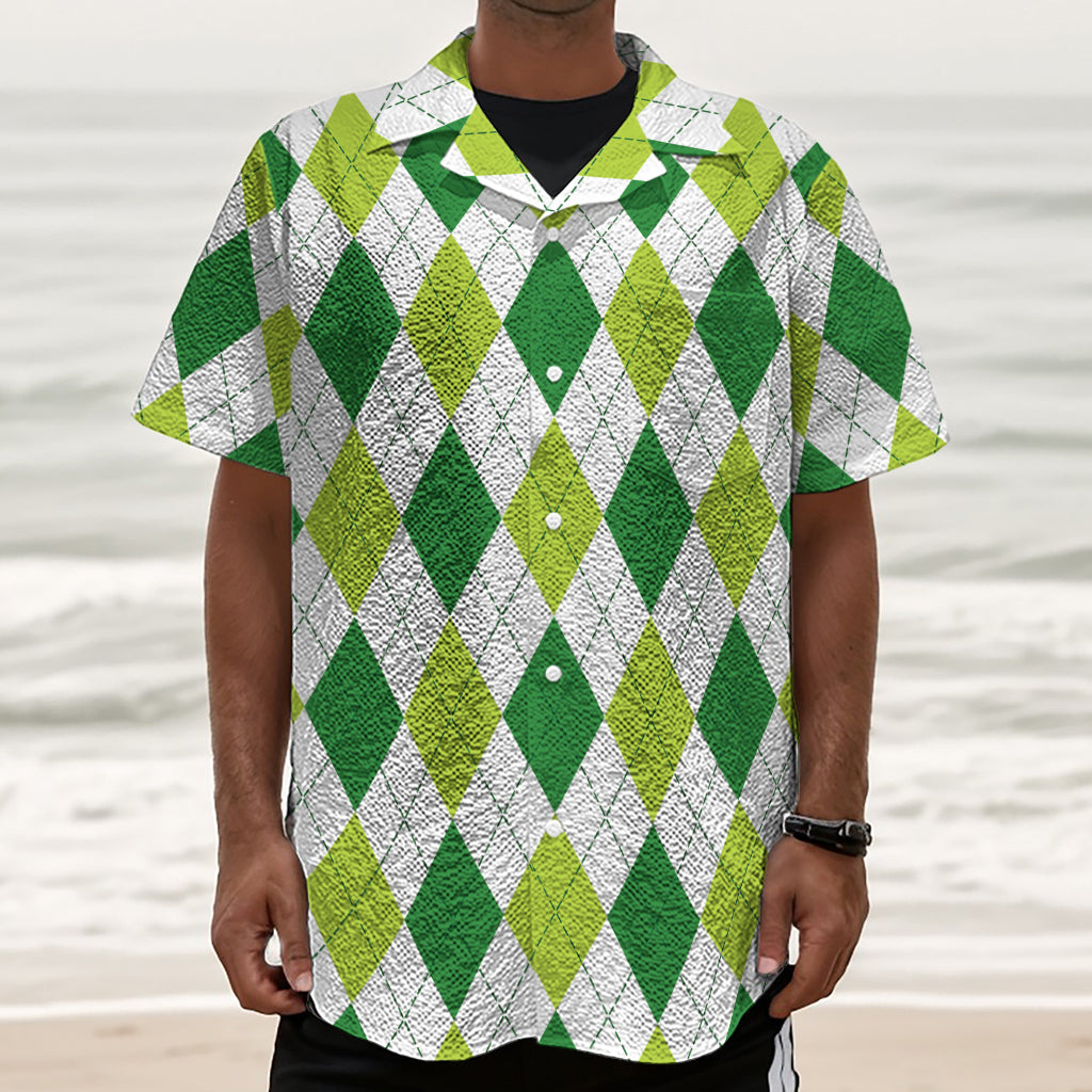 White And Green Argyle Pattern Print Textured Short Sleeve Shirt